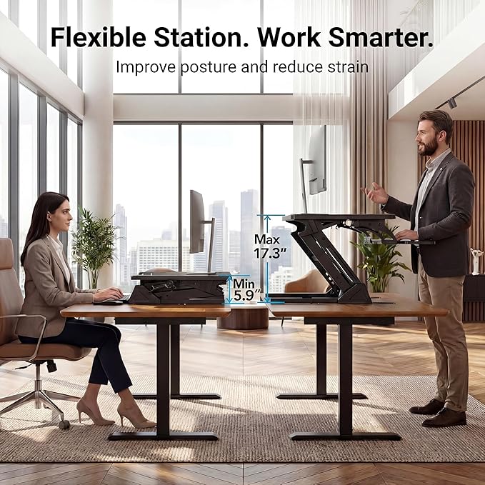 HUANUO 36" Z Shaped Stable Standing Desk Converter, Height Adjustable Sit Stand Up Desk Riser, Dual Monitor and Laptop Workstation with Wide Keyboard Tray, Desk Lifter for Home Office