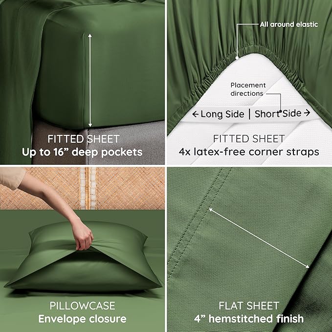Bambaw 100% Viscose Derived from Bamboo Sheets Queen Size Set – 4pcs Cooling Sheet Set, Super Soft Sheets Queen Size, Luxury Bedding, Deep Pocket Fits Up to 16'' Mattresses (Olive)