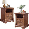 T4TREAM Farmhouse Nightstand Set of 2, 18" Sofa Side Table with Charging Station, Wooden End Table w/Roman Column, Bedside Cabinet for Bedroom, Living Room, Reclaimed Barnwood