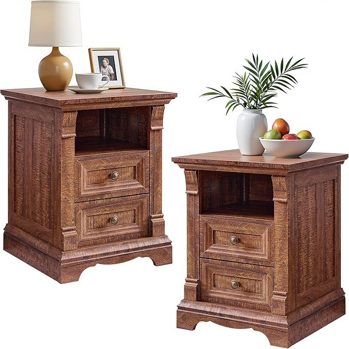 T4TREAM Farmhouse Nightstand Set of 2, 18" Sofa Side Table with Charging Station, Wooden End Table w/Roman Column, Bedside Cabinet for Bedroom, Living Room, Reclaimed Barnwood