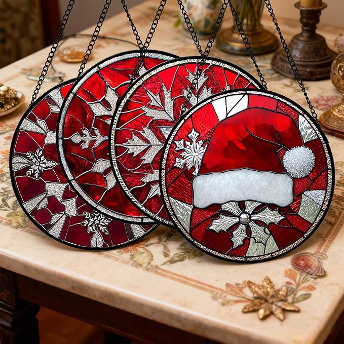 DASTOLL Stained Glass Window Hanging 4 Pcs Set Red Christmas Decorations Theme Large 11.8" - Suncatcher Door Garden Sun Catcher Decor Birthday for Mom Woman Nana Men Friend Wife
