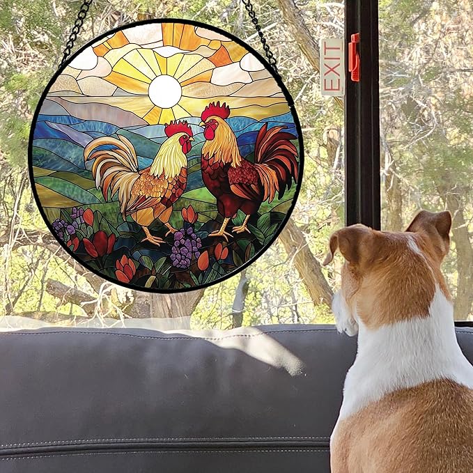 AMDERVEN Stained Glass Window Hanging, Countryside Scenery Chicken Sun Catcher for Door Home Decor Sunrise Suncatcher Christmas Mother's Day Birthday Gifts for Women Men Mom Nana 7.8 in