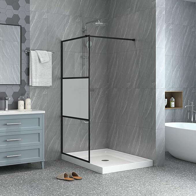 Goodyo Shower Door 34“ X 72” Fixed Frost Tempered Glass Shower Screen Panel for Walk-in Bathroom, Black Framed 3 Pieces Glass Door