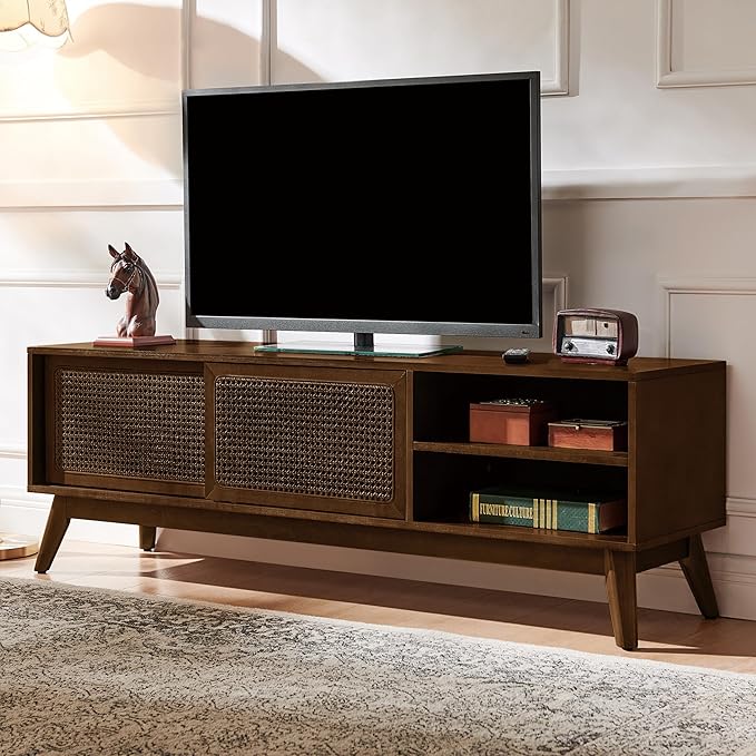 LKTART TV Stand for TVs up to 65'',Mid Century Modern Entertainment Center with Rattan Sliding Door,Boho Media Console for Living Room(Dark Walnut, 59")