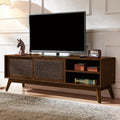 LKTART TV Stand for TVs up to 65'',Mid Century Modern Entertainment Center with Rattan Sliding Door,Boho Media Console for Living Room(Dark Walnut, 59")