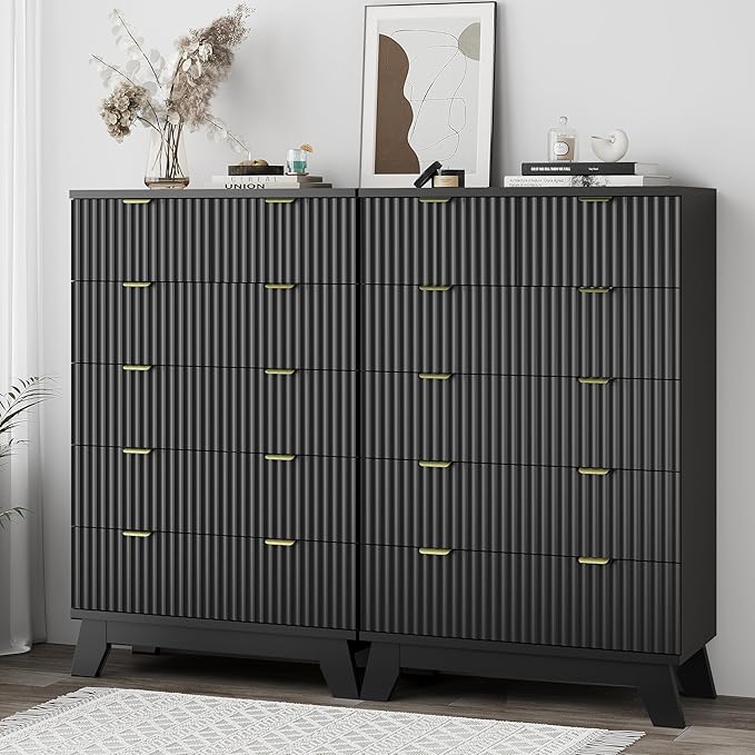Xixini Fluted Dresser for Bedroom with 6 Drawers, 46" Tall Modern Chest of Drawers with Metal Handle, Wooden Dresser TV Stand, Wood Closet Clothes Storage Organizer for Living Room, Hallway, Black