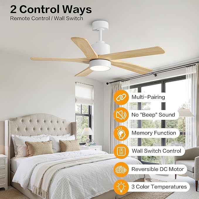 WINGBO 48 Inch DC Ceiling Fan with Lights and Remote Control, 5 Carved Solid Wood Blades, 6-Speed Noiseless Reversible DC Motor, Indoor Ceiling Fan in Gloss White Finish with Oak Blades