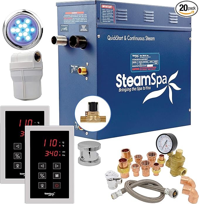 SteamSpa 7.5kW Steam Sauna Generator Executive Bundle 240V Steam Generator with Touch Pad, Steamheads, Pressure Relief Valve, Built-in Auto Drain, LED Light, Filter and Quick Install Kit EXT750CH-A