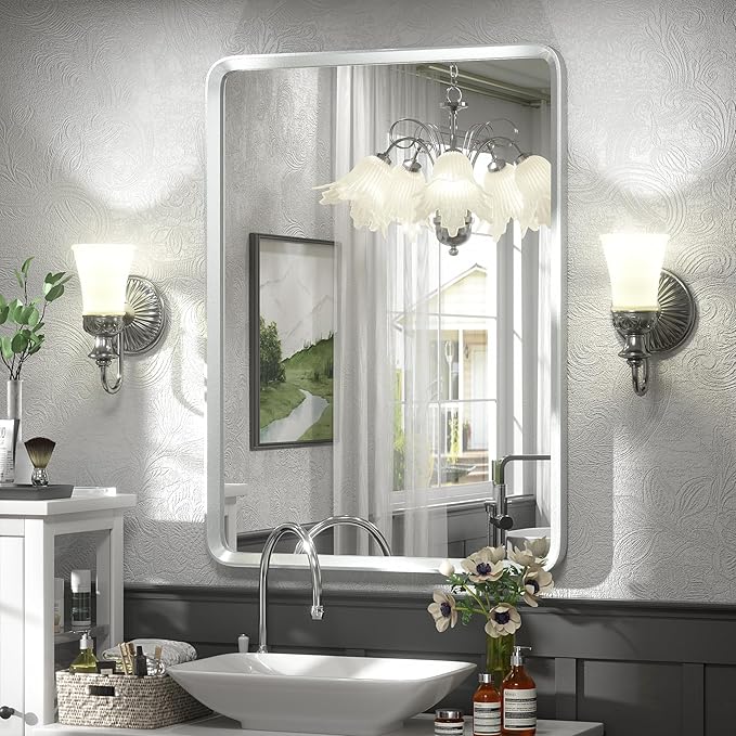 22x30 Inch Silver Bathroom Mirror, Silver Metal Frame Mirror, Rounded Rectangle Bathroom Vanity Mirror, Shatterproof, Anti-Rust (Horizontal/Vertical)