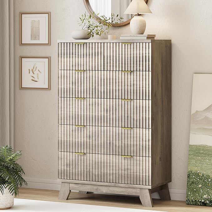 Xixini Fluted Dresser for Bedroom with 6 Drawers, 46" Tall Modern Chest of Drawers with Metal Handle, Wooden Dresser TV Stand, Wood Closet Clothes Storage Organizer for Living Room, Hallway, Grey