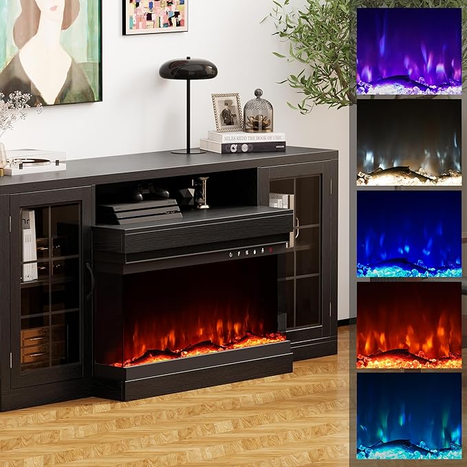 CharaVector 63 inch Fireplace TV Stand for TVs up to 75" with 30" 3-Sided Electric Fireplace, Farmhouse Entertainment Center with Glass Doors & Storage Cabinet, Black