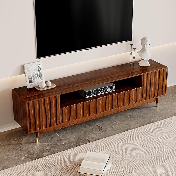 ATJafurn 78‘’ Brown Walnut Finish TV Stand for 65/75/85 Inch TVs, Mid Century Modern Wood Media Console Entertainment Center with 2 Drawers and 2 Cabinets for Living Room Bedroom