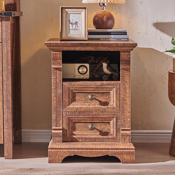 T4TREAM Farmhouse Nightstand Set of 2, 18" Sofa Side Table with Charging Station, Wooden End Table w/Roman Column, Bedside Cabinet for Bedroom, Living Room, Reclaimed Barnwood