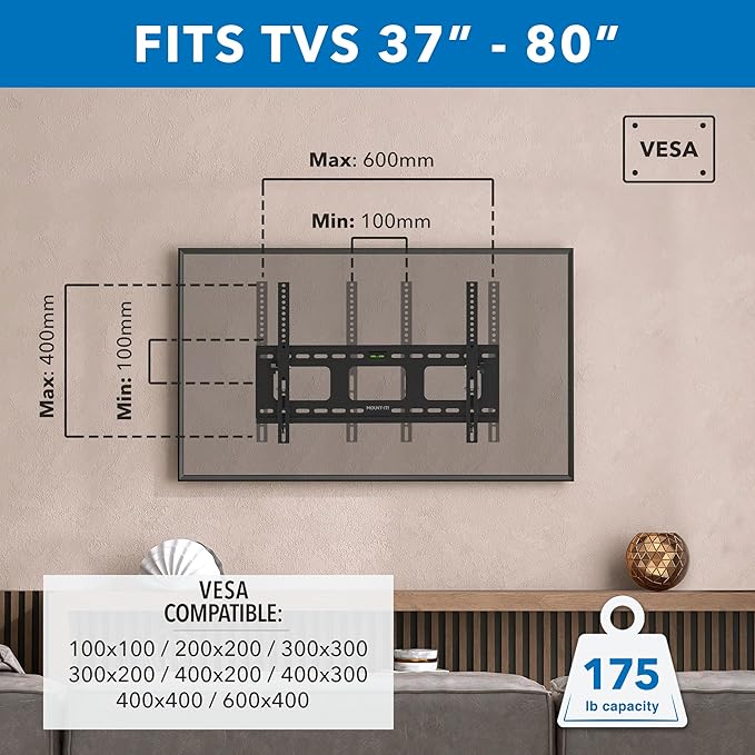 Mount-It Low-Profile Tilting TV Wall Mount Bracket for 32-60 inch LCD, LED, OLED, 4K or Plasma Flat Screen TVs - 175 lbs Capacity, 1.5 Inch Profile, Max VESA 600x400 (MI-318B), Black, 60
