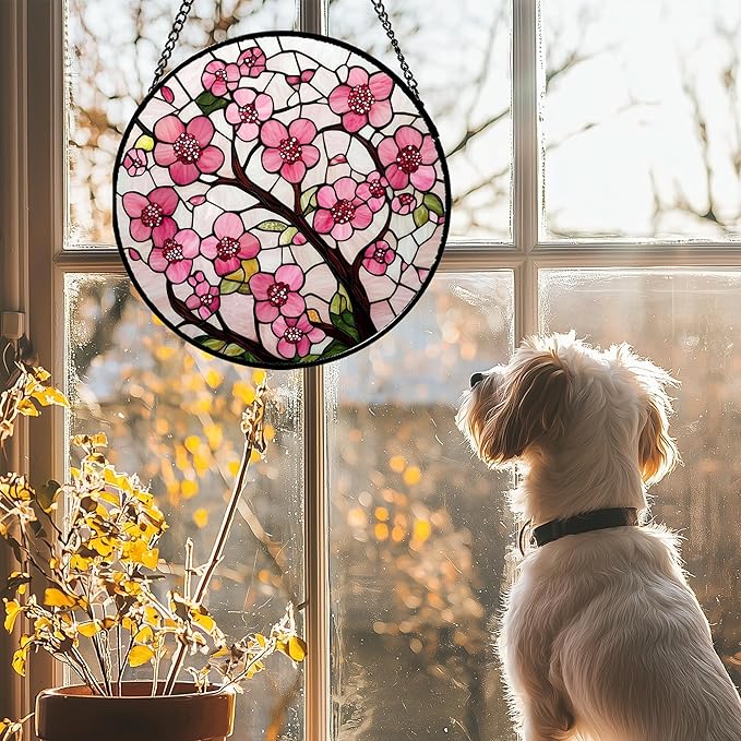 CRISGIF Stained Glass Window Hanging - Cherry Blossoms Birth Flower Suncatcher for Door Garden Patio Sun Catchers Decor Christmas Mother's Day Birthday Gifts for Women Mom Nana Friend Wife 7.8 in