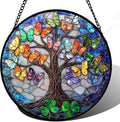 DASTOLL Stained Glass Window Hanging, Butterfly Tree Clover Sun Catchers Glass Panel Blue Suncatcher Decor for Birthday for Women, Men, Wife, Aunt, and Mom 14.9x14.9 in