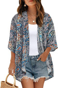 Women's Floral Print Puff Sleeve Kimono Cardigan Loose Cover Up Casual Blouse by CHICGAL