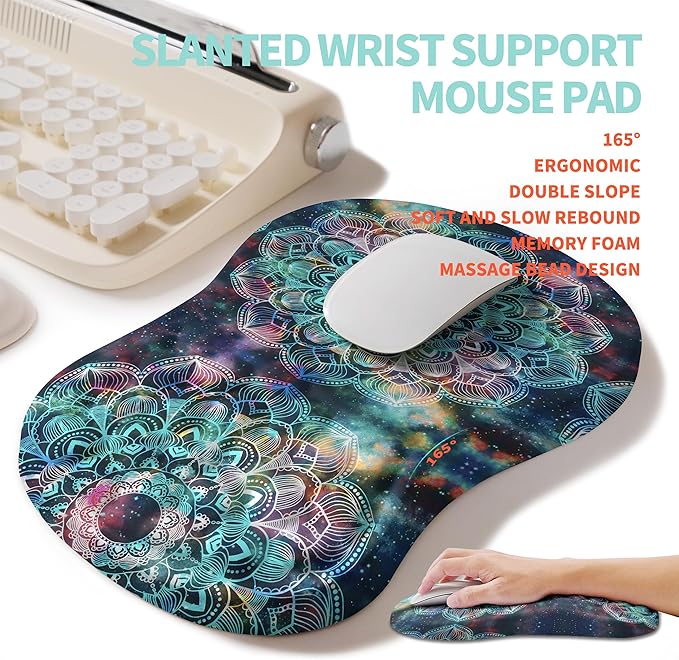 KUOSGM 2-in-1 Ergonomic Set, Wave Rise Keyboard Wrist Rest and Massage Bulge Slope Mouse Pad Wrist Support, Cushion Memory Foam Integrated to Relieve Wrist Pain, Galaxy Mandala