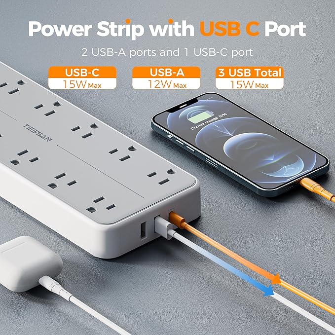 TESSAN Surge Protector Power Strip, Extension Cord with Multiple Outlets, 12 AC Outlets, 3 USB Ports(1 USB C), Flat Wall Plug, 5 Ft, 1700 Joules Protection for Home Office Dorm Room Essentials