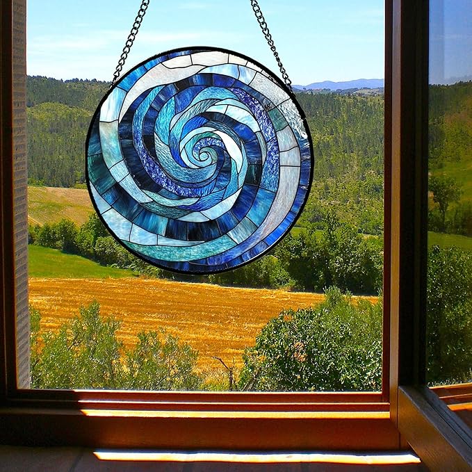 CRISGIF Stained Glass Window Hanging - Blue Abstract Swirl Suncatcher for Doors Garden Patio Unique Sun Catchers Decor Christmas Mother's Day Birthday Gifts for Women Men Mom Nana Friend 9.8 in