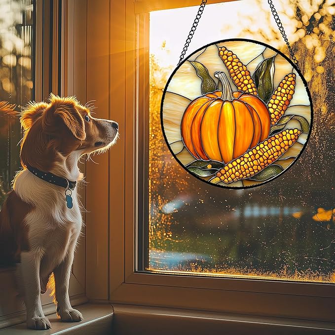 DASTOLL Stained Glass Window Hanging Autumn Harvest Pumpkin Corn Large 15" - Suncatcher Door Garden Kitchen Sunroom Sun Catcher Fall Home Decor Birthday for Mom Grandma Men Woman