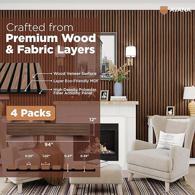 Avana Acoustic Wood Wall Panels – 94.4 x 12.6 Inch Rustic Walnut Acoustic Panels 4 PCs – Wall Panels For Interior Wall Decor For Homes, Offices, Studios – Sturdy and Durable Wood Panels For Wall