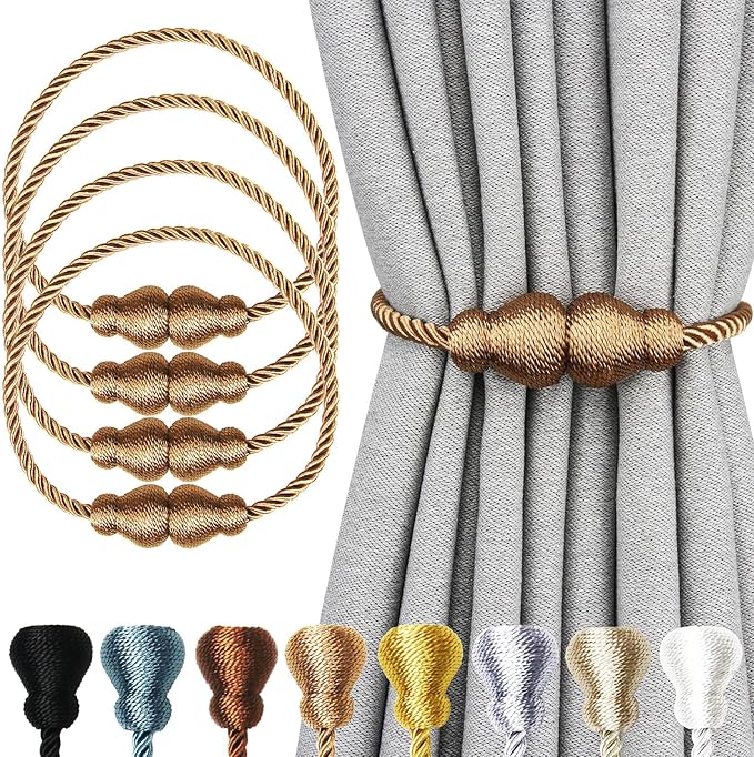 Nieffeiy Magnetic Curtain Tiebacks Outdoor Curtain Tie Backs Rope Decorative Magnetic Curtain Holders for Drapes Window Treatment Holdbacks, Khaki 4Pack