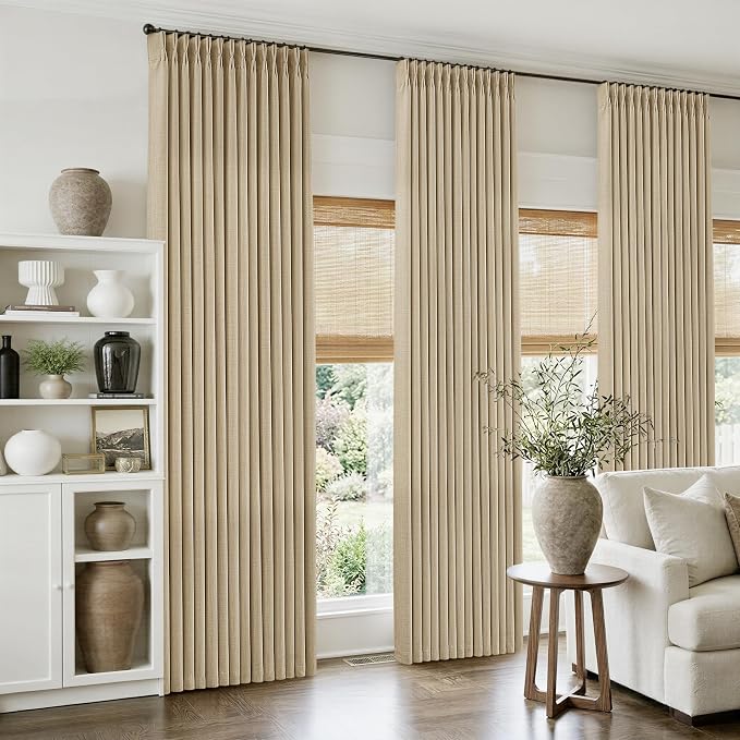 Pleated Tan Oatmeal Semi Sheer Sliding Door Curtains 105 Inches Long 4 Panels by Twodrapes