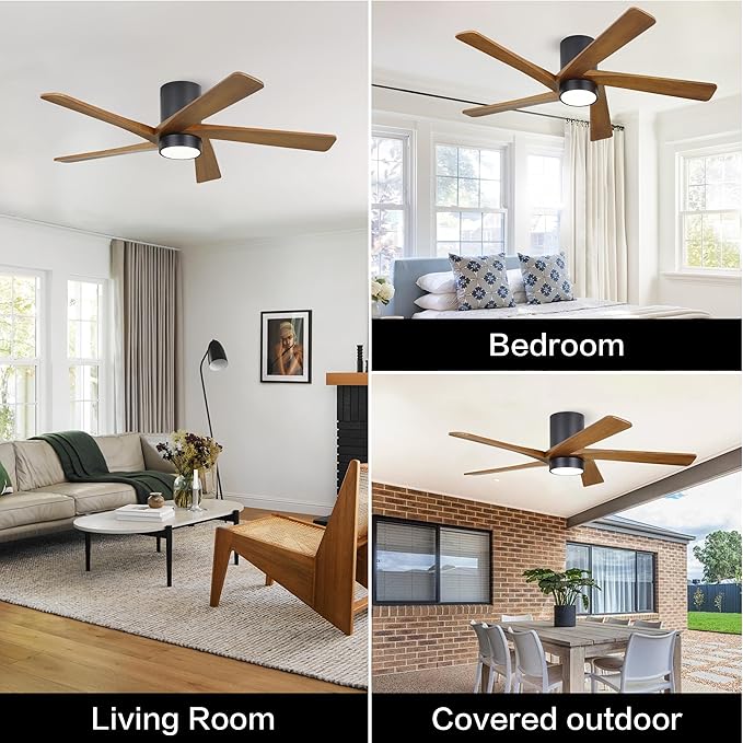 WINGBO 48 Inch Flush Mount DC Ceiling Fan with Lights and Remote, 5 Reversible Carved Wood Blades, 6-Speed Noiseless DC Motor, Hugger Ceiling Fan in Matte Black Finish with Walnut Blades, ETL Listed