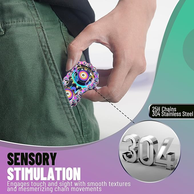 Valentines Day Gifts for Teens Boys Metal Fidget Spinner Toys for Adults Figette Bike Chain Roller Cool Gadgets ADHD Anxiety Stress Relief Items Figet Desk Offices EDC Men - Rainbow+Silver