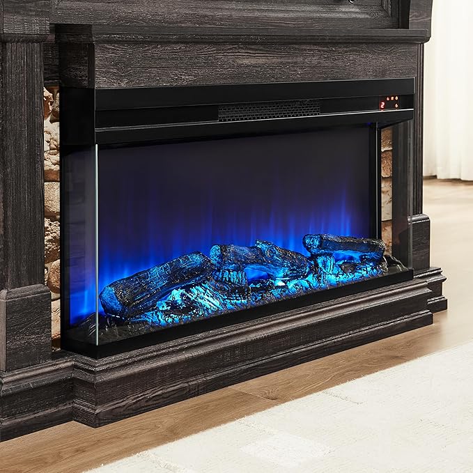 OKD 52 Inch Electric Fireplace with Mantel, Fireplace TV Stand with 36" 3-Sided Glass Electric Fireplace Heater for Living Room, Dark Rustic Oak