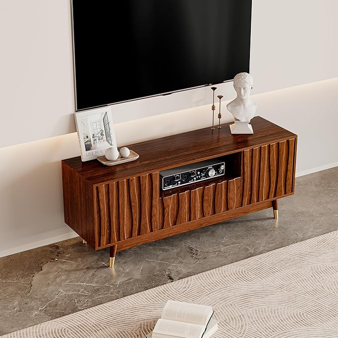 ATJafurn 55‘’ Brown Walnut Finish TV Stand for 32/43/55 Inch TVs, Mid Century Modern Wood Media Console Entertainment Center with Drawer and 2 Cabinets for Living Room Bedroom