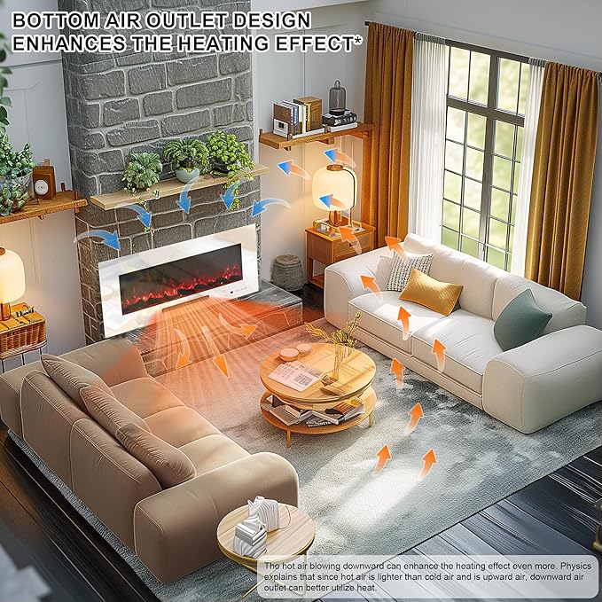 50" Electric Fireplace, Recessed & Wall Mounted Fireplace Heater 13 * 13 Colors Flame &Fuel Bed w/5 Dimmer, Touchscreen &Remote Control Temp, Overheating Protect, Hardwired, 1500W, White