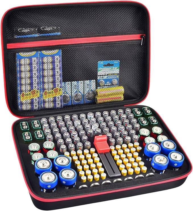 Battery Organizer Storage Holder, Batteries Storage Containers Box with Battery Tester Checker Fits for AA AAA 9V C D Lithium 3V LR44 CR2016 CR1632 CR2032 CR2025 (Case Not Includes Batteries)-Black