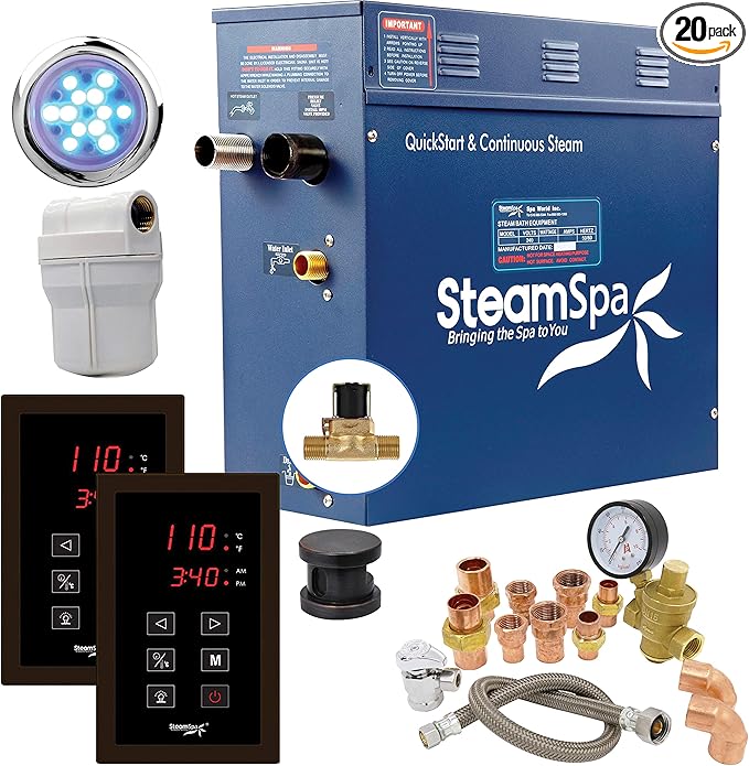 SteamSpa Executive 7.5 KW QuickStart ACU-Steam Bath Generator Package with Built-in Auto Drain in Oil Rubbed Bronze | Steam Generator Kit with Dual Control Panel Steamhead 240V | EXT750OB-A