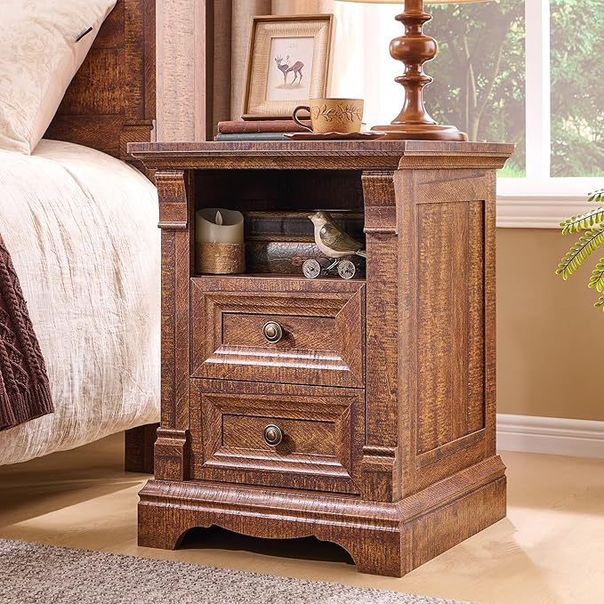 T4TREAM Farmhouse Nightstand Set of 2, 18" Sofa Side Table with Charging Station, Wooden End Table w/Roman Column, Bedside Cabinet for Bedroom, Living Room, Reclaimed Barnwood