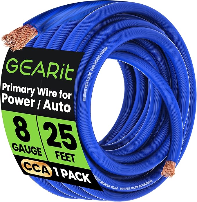 GEARit 8 Gauge Wire (25ft - Blue Translucent) Copper Clad Aluminum CCA - Primary Automotive Wire Power/Ground, Battery Cable, Car Audio Speaker, RV Trailer, Amp, Electrical 8ga AWG 25 Feet