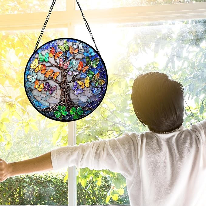 DASTOLL Stained Glass Window Hanging, Butterfly Tree Clover Sun Catchers Glass Panel Blue Suncatcher Decor for Birthday for Women, Men, Wife, Aunt, and Mom 7.8 in