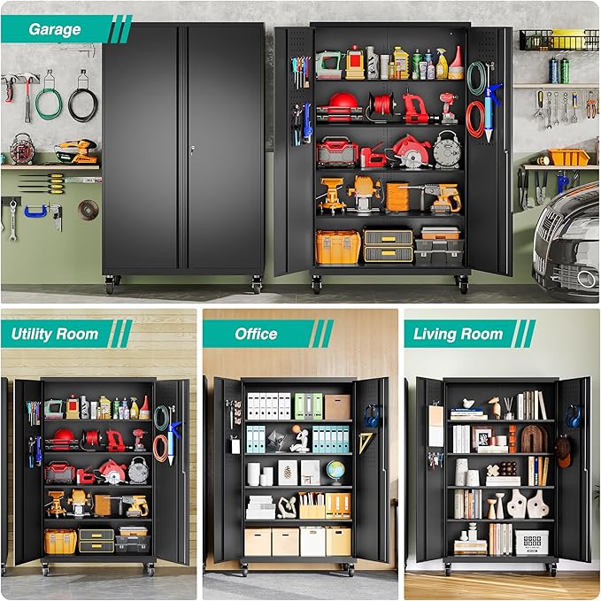 SISESOL Wide & Deep Metal Storage Cabinet with Wheels,Tall Rolling Garage Storage Cabinet with Lock,Black Metal Cabinets with Pegboards and Shelves,Tool Locker for Garage,Home,Office,43''Wx 20''Dx71"H