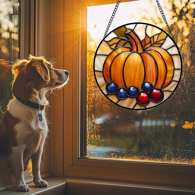 DASTOLL Stained Glass Window Hanging Fall Pumpkin Berries 9.8" - Suncatcher Door Garden Kitchen Sunroom Sun Catcher Autumn Home Decor Birthday for Mom Grandma Men Woman