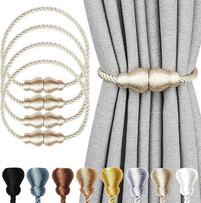 Nieffeiy Magnetic Curtain Tiebacks Outdoor Curtain Tie Backs Rope Decorative Magnetic Curtain Holders for Drapes Window Treatment Holdbacks, Oatmeal 4Pack