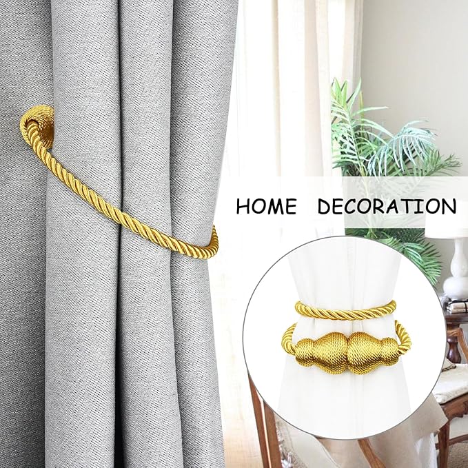 Nieffeiy Magnetic Curtain Tiebacks Outdoor Curtain Tie Backs Rope Decorative Magnetic Curtain Holders for Drapes Window Treatment Holdbacks, Gold 4Pack