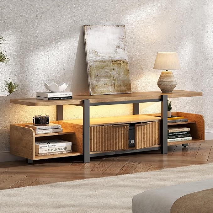 TV Stand with LED Lights and Storage cabinet for TVs up to 55"/65'', Modern Entertainment Center with Open Shelf, TV Cabinet, Media Console Table with Fluted Doors for Living Room, Bedroom, Oak