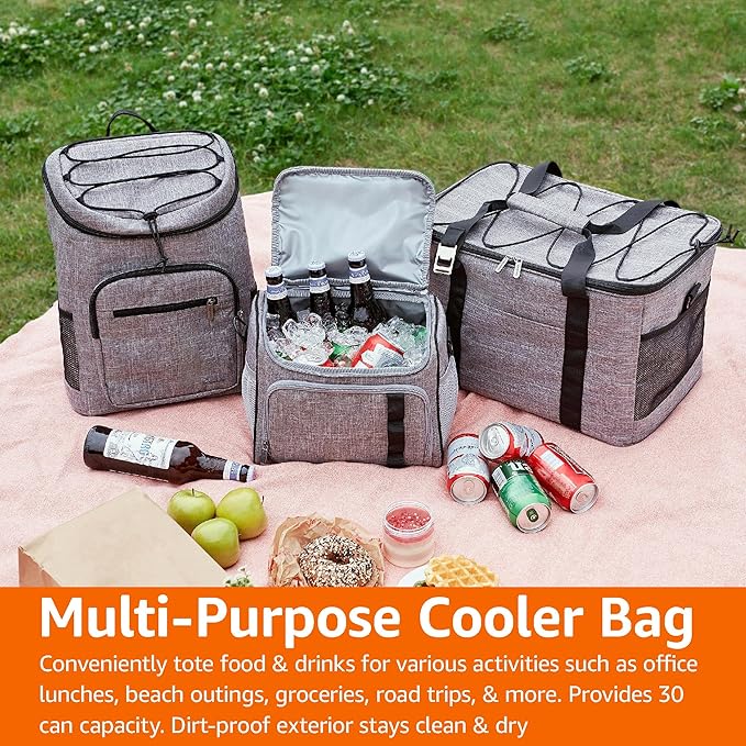 Amazon Basics Reusable Insulated Soft Cooler Backpack, 30 Can Capacity, Gray