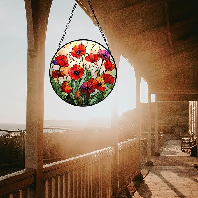 CRISGIF Stained Glass Window Hanging - Poppy Birth Flowers Suncatcher for Door Garden Yard Wildflowers Sun Catchers Decor Christmas Mother's Day Birthday Gifts for Women Mom Nana Friend 7.8 in