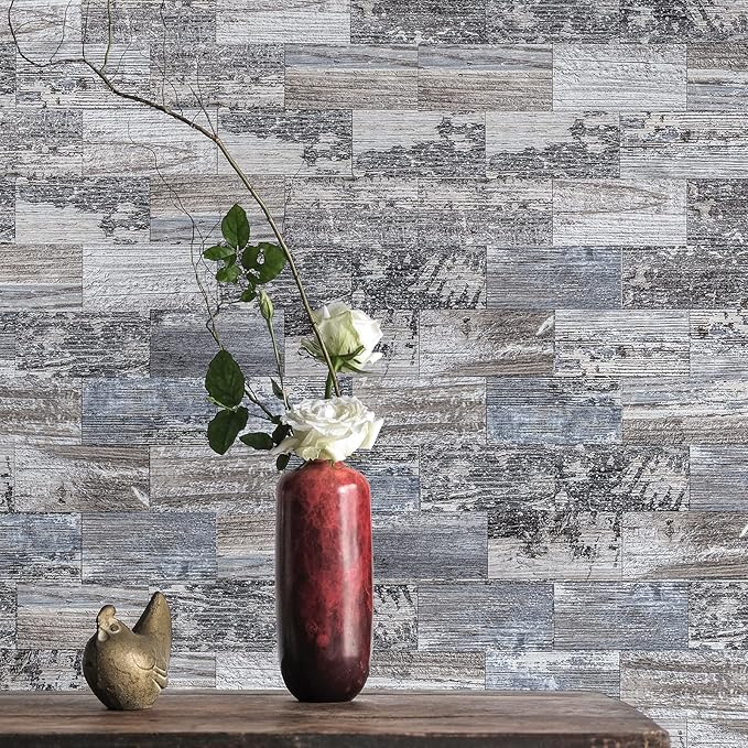 Art3d 102-Piece Peel and Stick Tile Backsplash for Kitchen Bathroom, 3in. x 6in. Stick on Subway Tile Distressed Wood Plank