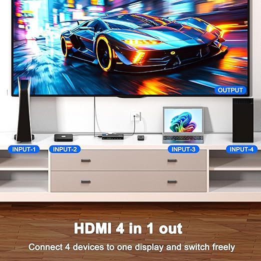 HDMI Switch 4 in 1 Out 4K@60Hz, 4 Ports HDMI Switcher Splitter Selector with Remote, Support HDCP 2.2 HDR 10+ Dolby Vision/Atmos 18Gbps CEC for Apple TV Game PC PS4 5 Pro Xbox Roku
