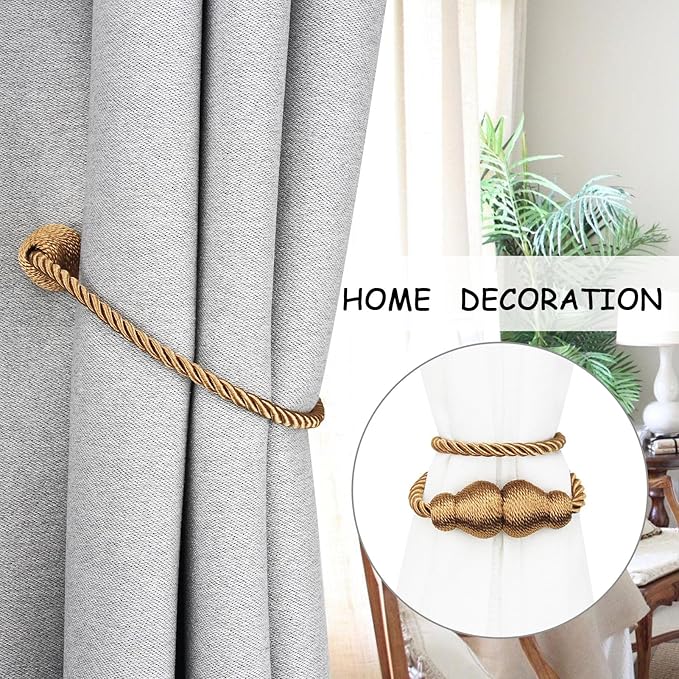 Nieffeiy Magnetic Curtain Tiebacks Outdoor Curtain Tie Backs Rope Decorative Magnetic Curtain Holders for Drapes Window Treatment Holdbacks, Khaki 4Pack