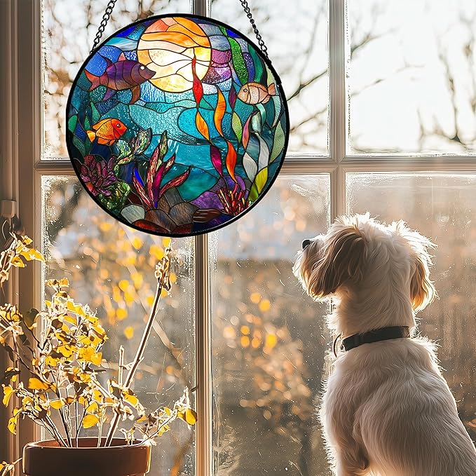 AMDERVEN Stained Glass Window Hanging - Blue Ocean World Small Fish Coral Sun Catcher for Door Garden Home Decor Sea Suncatcher Christmas Mother's Day Birthday Gifts for Women Men Mom Nana 9.8 in