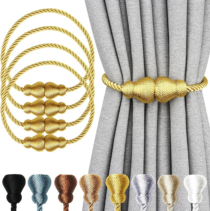 Nieffeiy Magnetic Curtain Tiebacks Outdoor Curtain Tie Backs Rope Decorative Magnetic Curtain Holders for Drapes Window Treatment Holdbacks, Gold 4Pack